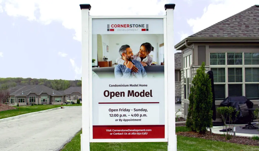 Open Model sign posted in front of a Cornerstone Development model home